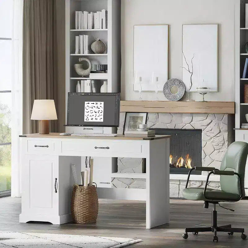 Bureau de direction rustique de 47 avec tiroirs de rangement et rehausseur - bureau d’ordinateur blanc rustique pour bureau à domicile