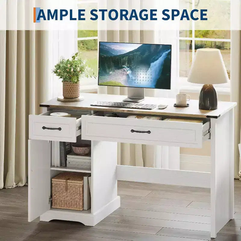 Bureau de direction rustique de 47 avec tiroirs de rangement et rehausseur - bureau d’ordinateur blanc rustique pour bureau à domicile