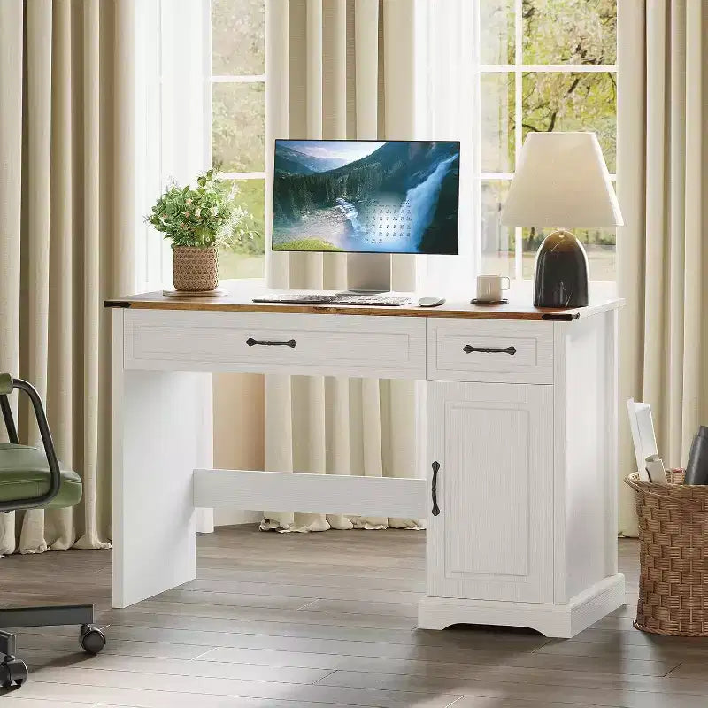 Bureau de direction rustique de 47 avec tiroirs de rangement et rehausseur - bureau d’ordinateur blanc rustique pour bureau à domicile