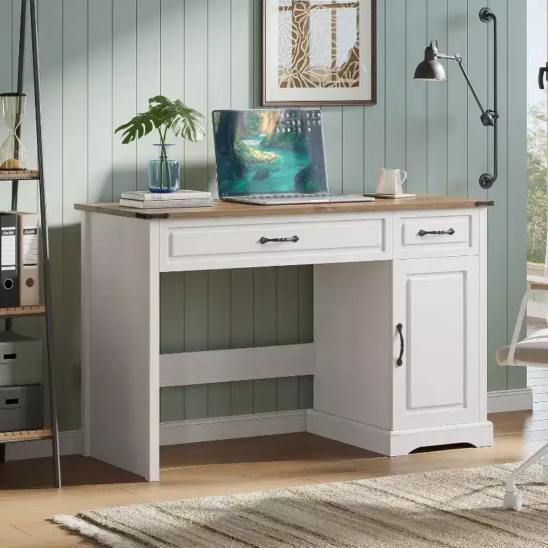 Bureau de direction rustique de 47 avec tiroirs de rangement et rehausseur - bureau d’ordinateur blanc rustique pour bureau à domicile