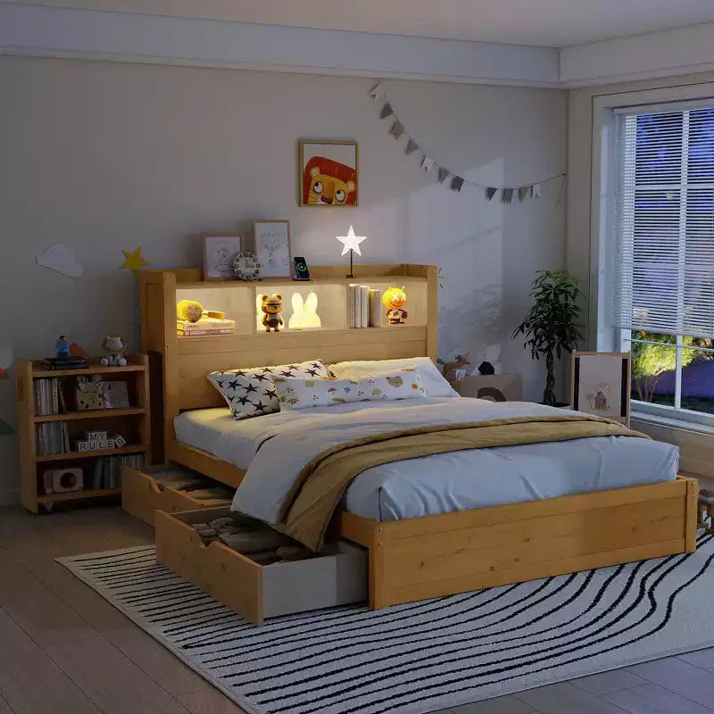 Cadre de lit une place, lit en bois avec tête de lit de rangement, meuble de rangement coulissant et tiroirs