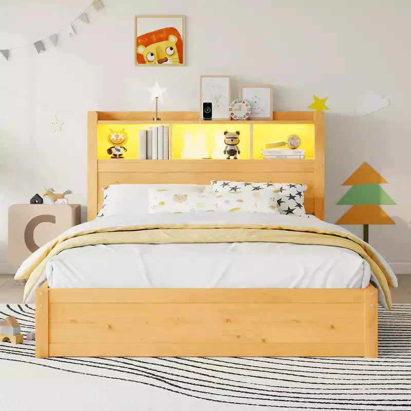Cadre de lit une place, lit en bois avec tête de lit de rangement, meuble de rangement coulissant et tiroirs