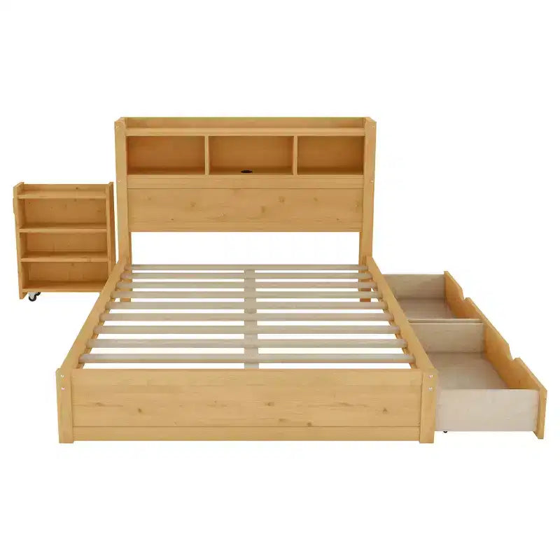 Cadre de lit une place, lit en bois avec tête de lit de rangement, meuble de rangement coulissant et tiroirs
