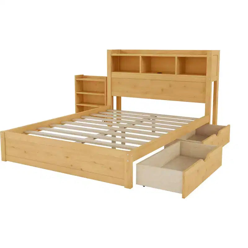 Cadre de lit une place, lit en bois avec tête de lit de rangement, meuble de rangement coulissant et tiroirs