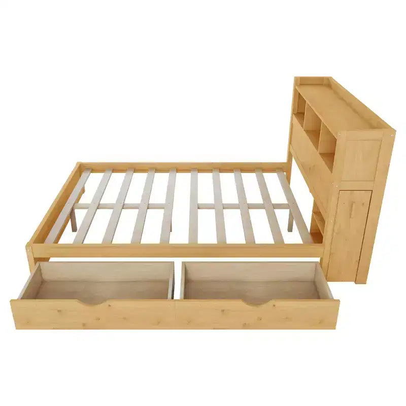 Bettrahmen in Twin-Größe, Holzbett mit Stauraum-Kopfteil, ausziehbarem Stauschrank und Schubladen