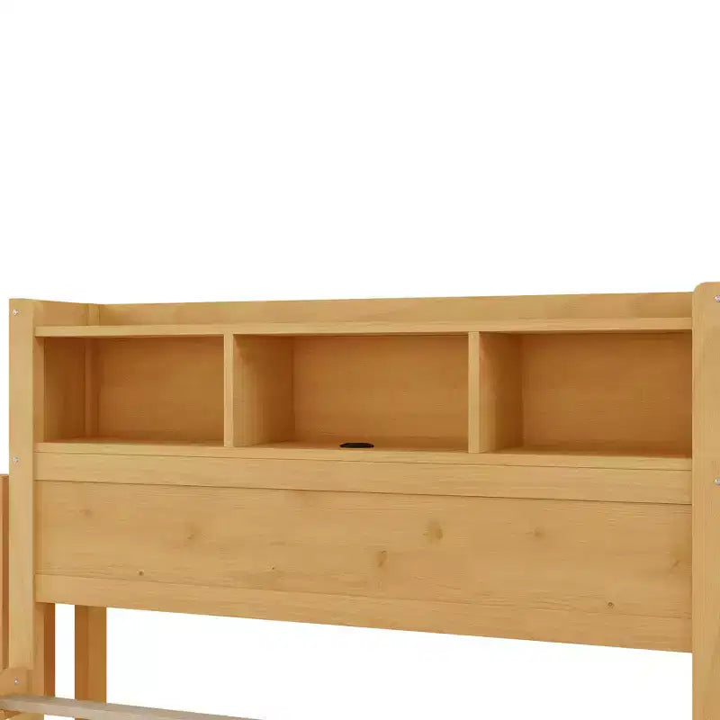 Bettrahmen in Twin-Größe, Holzbett mit Stauraum-Kopfteil, ausziehbarem Stauschrank und Schubladen