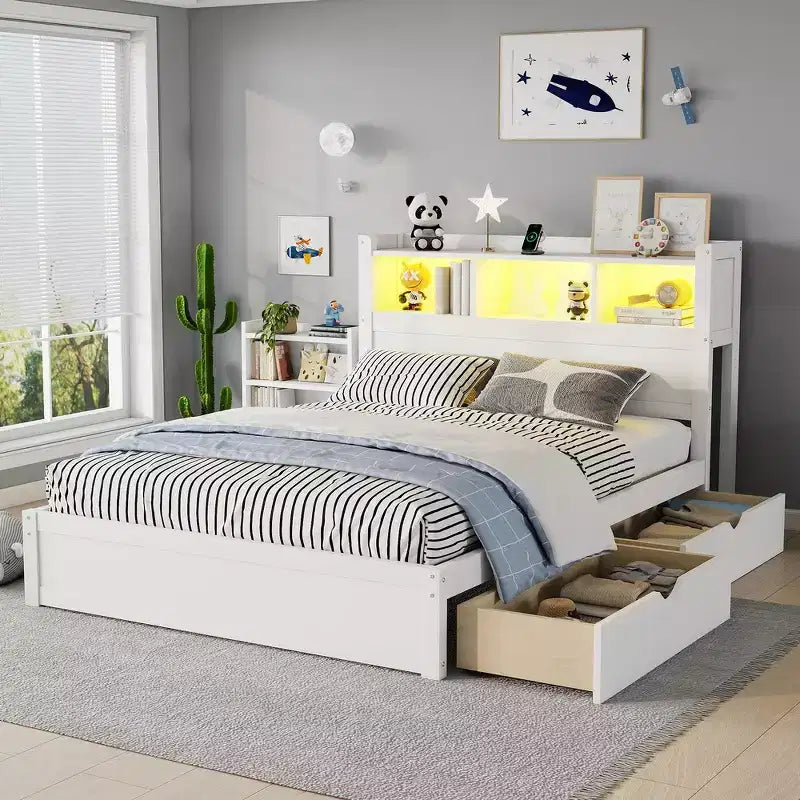 Cadre de lit une place, lit en bois avec tête de lit de rangement, meuble de rangement coulissant et tiroirs