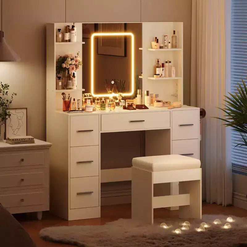 Coiffeuse avec miroir, bureau-coiffeuse avec prise électrique, support pour sèche-cheveux et tiroirs, pour chambre