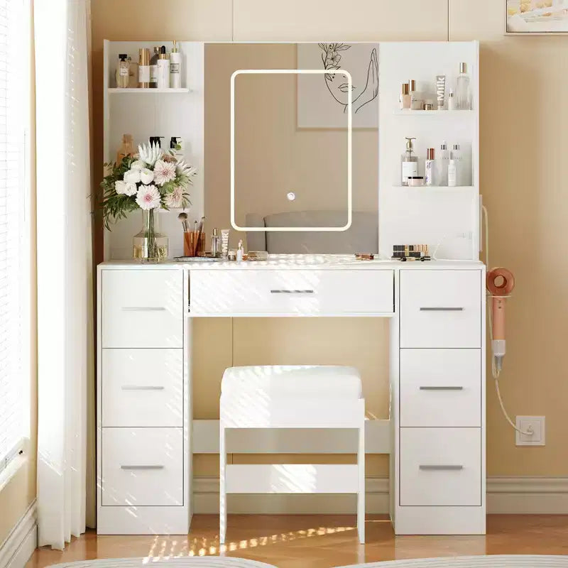 Coiffeuse avec miroir, bureau-coiffeuse avec prise électrique, support pour sèche-cheveux et tiroirs, pour chambre