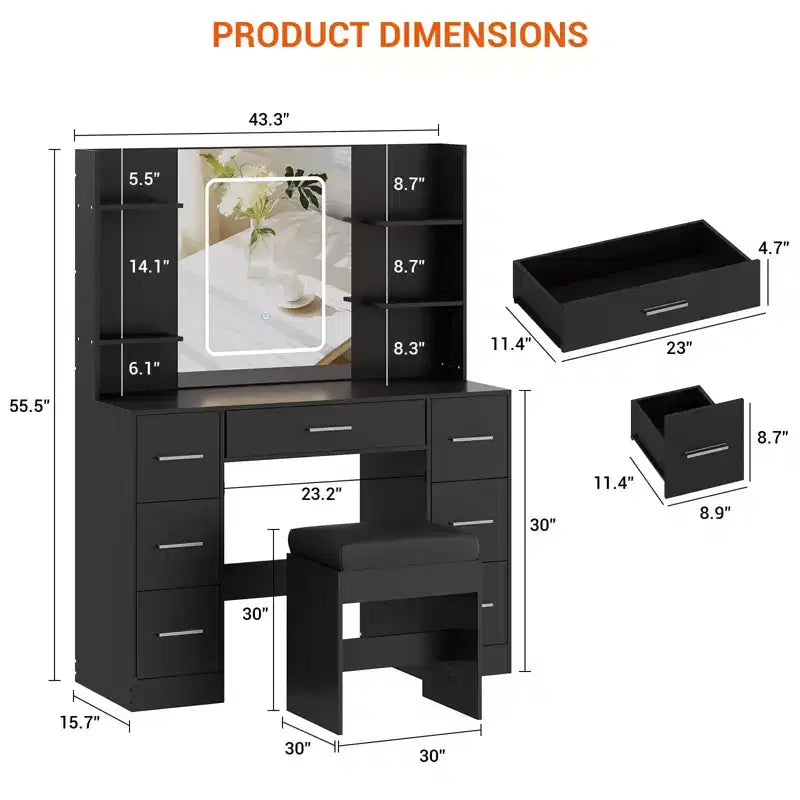 Coiffeuse avec miroir, bureau-coiffeuse avec prise électrique, support pour sèche-cheveux et tiroirs, pour chambre