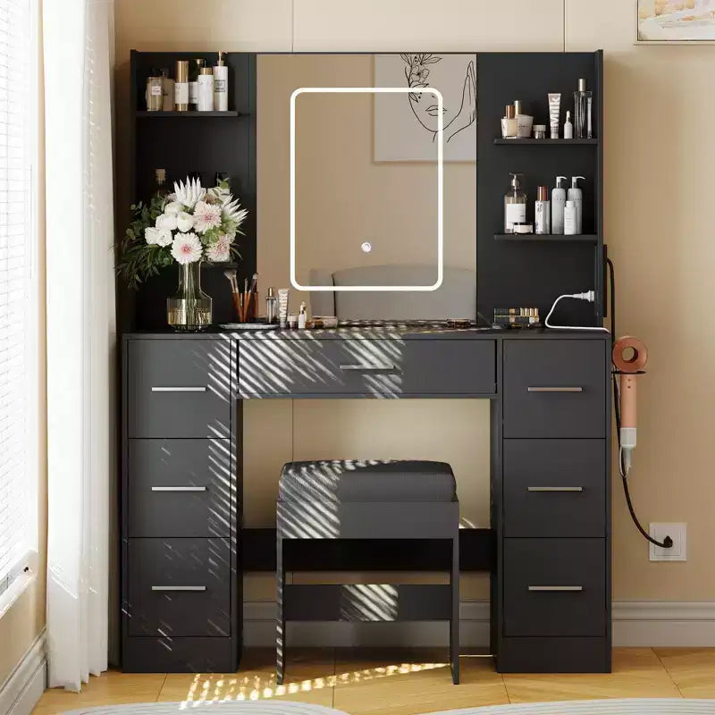Coiffeuse avec miroir, bureau-coiffeuse avec prise électrique, support pour sèche-cheveux et tiroirs, pour chambre