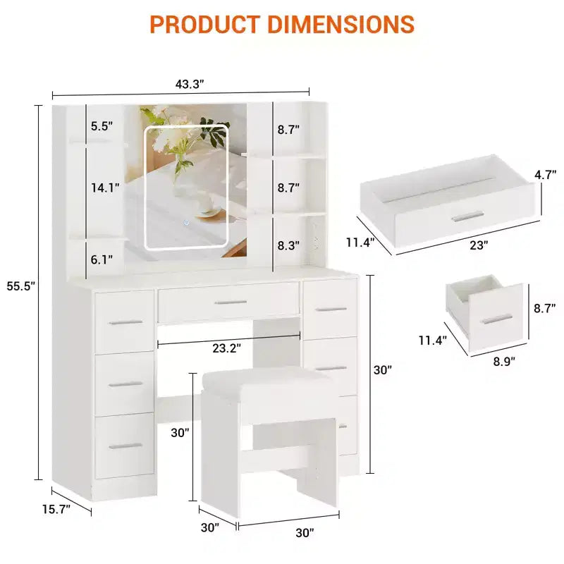 Coiffeuse avec miroir, bureau-coiffeuse avec prise électrique, support pour sèche-cheveux et tiroirs, pour chambre