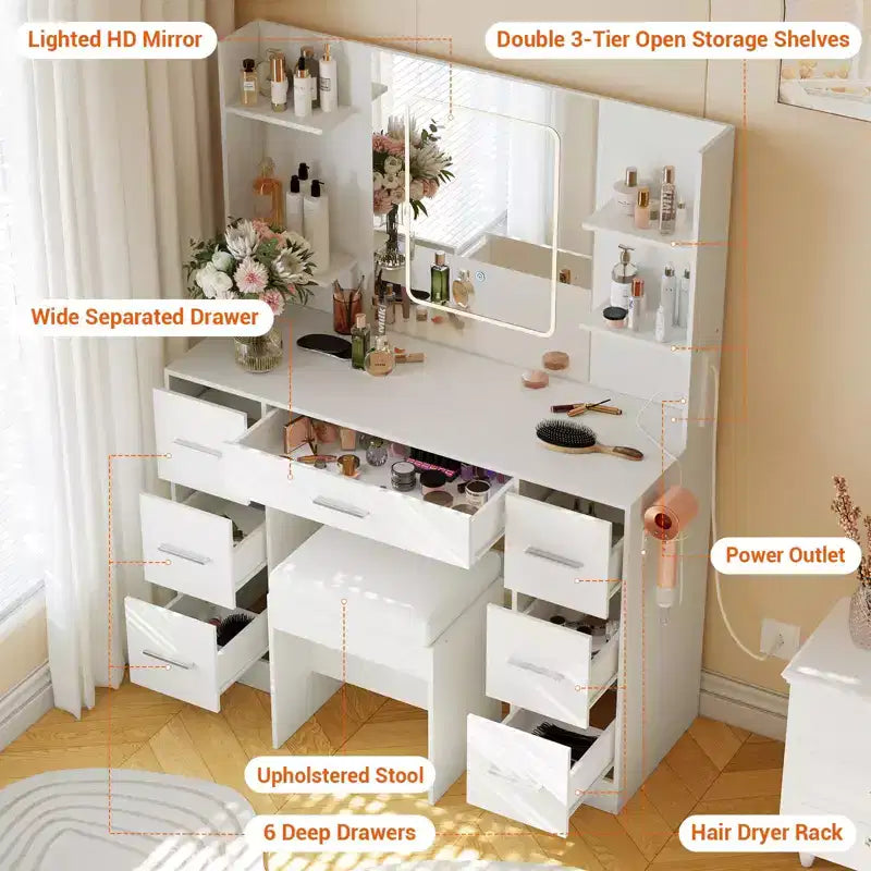 Coiffeuse avec miroir, bureau-coiffeuse avec prise électrique, support pour sèche-cheveux et tiroirs, pour chambre