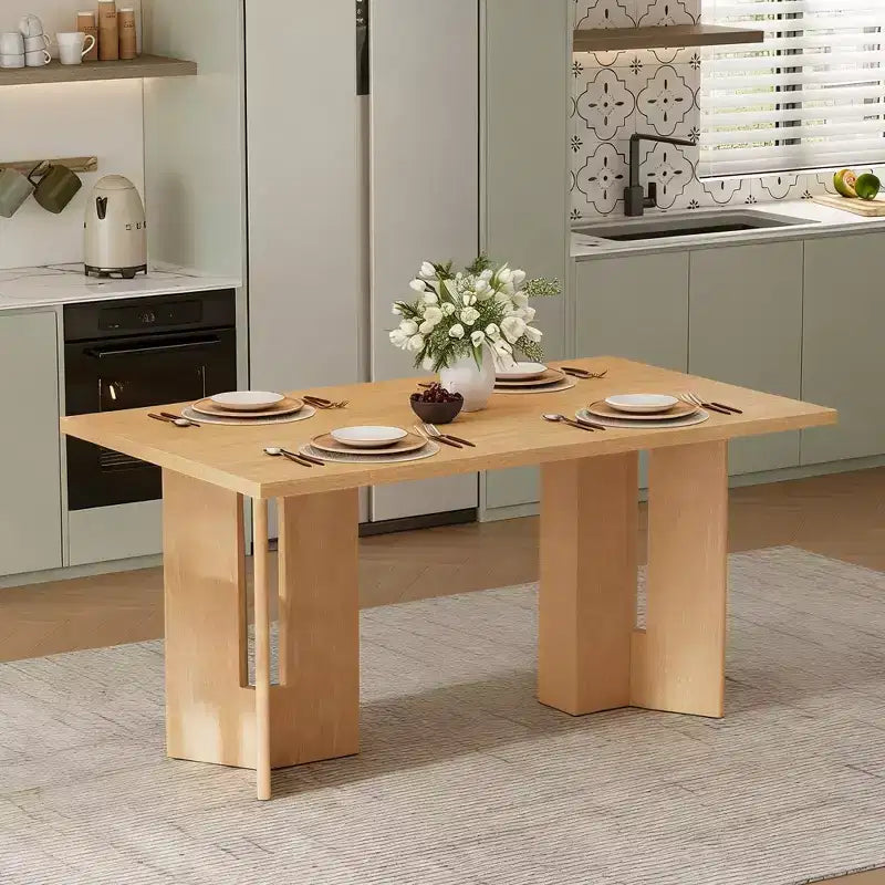 Table de salle à manger de ferme de 60'', rectangulaire et rustique, pour 4-6 personnes, en placage de chêne et pieds découpés