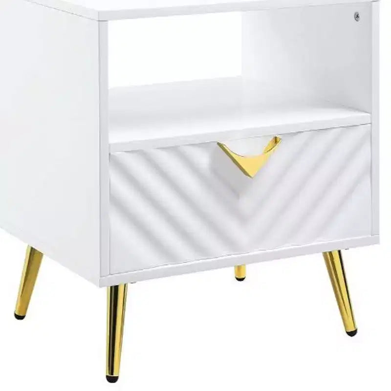 Table d’appoint rectangulaire blanche de 22 en bois manufacturé et métal, avec tiroir et étagère
