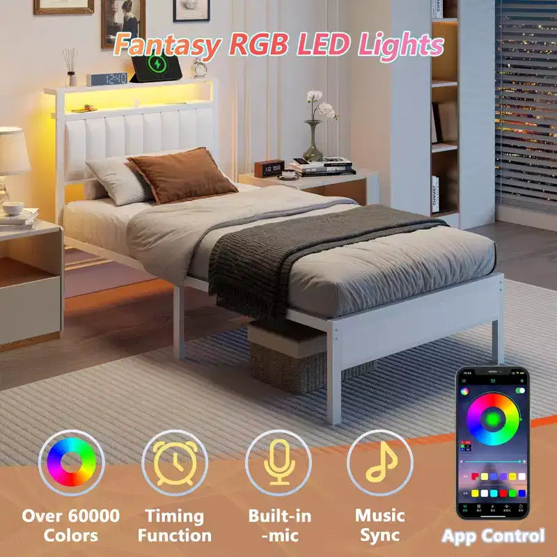 Cadre de lit simple blanc moderne avec station de recharge, éclairage LED, tête de lit rembourrée avec rangement, lit plateforme sans sommier nécessaire, pour chambre d’adolescent ou de jeu vidéo