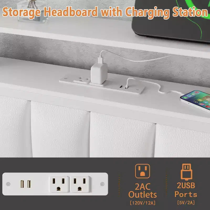 Cadre de lit simple blanc moderne avec station de recharge, éclairage LED, tête de lit rembourrée avec rangement, lit plateforme sans sommier nécessaire, pour chambre d’adolescent ou de jeu vidéo