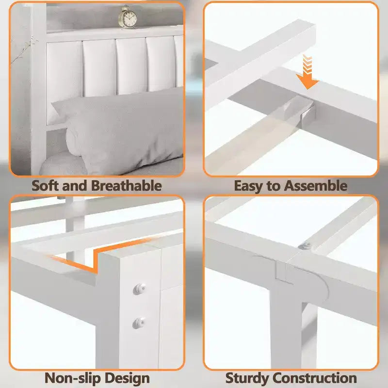 Cadre de lit simple blanc moderne avec station de recharge, éclairage LED, tête de lit rembourrée avec rangement, lit plateforme sans sommier nécessaire, pour chambre d’adolescent ou de jeu vidéo