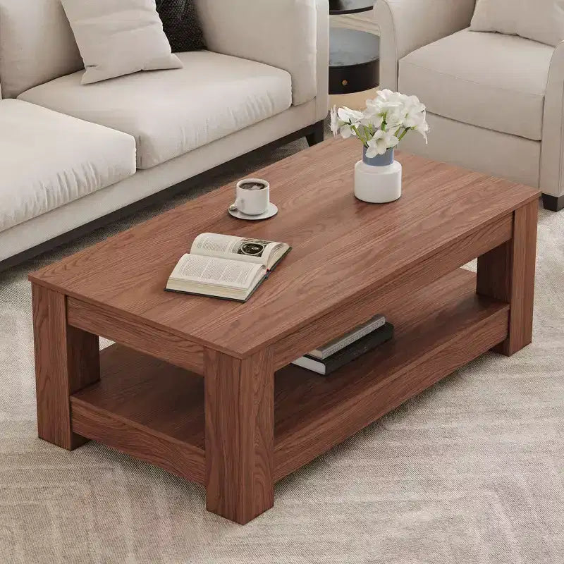 Mesa de centro rectangular moderna de madera, estilo industrial de 2 niveles, nogal