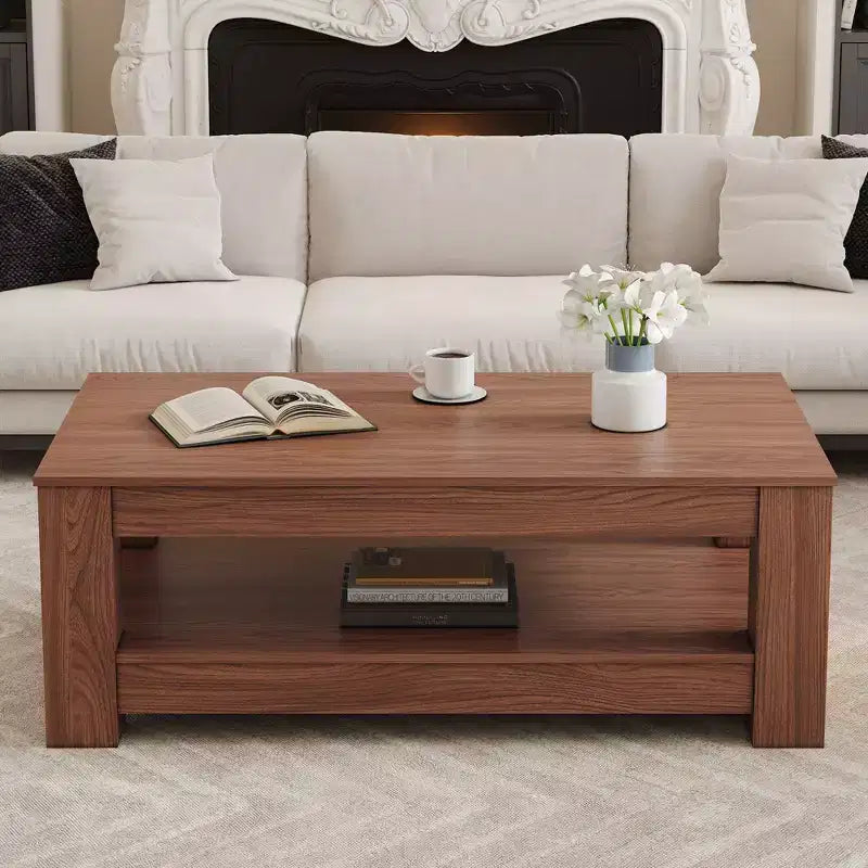 Mesa de centro rectangular moderna de madera, estilo industrial de 2 niveles, nogal