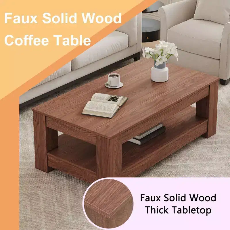 Mesa de centro rectangular moderna de madera, estilo industrial de 2 niveles, nogal
