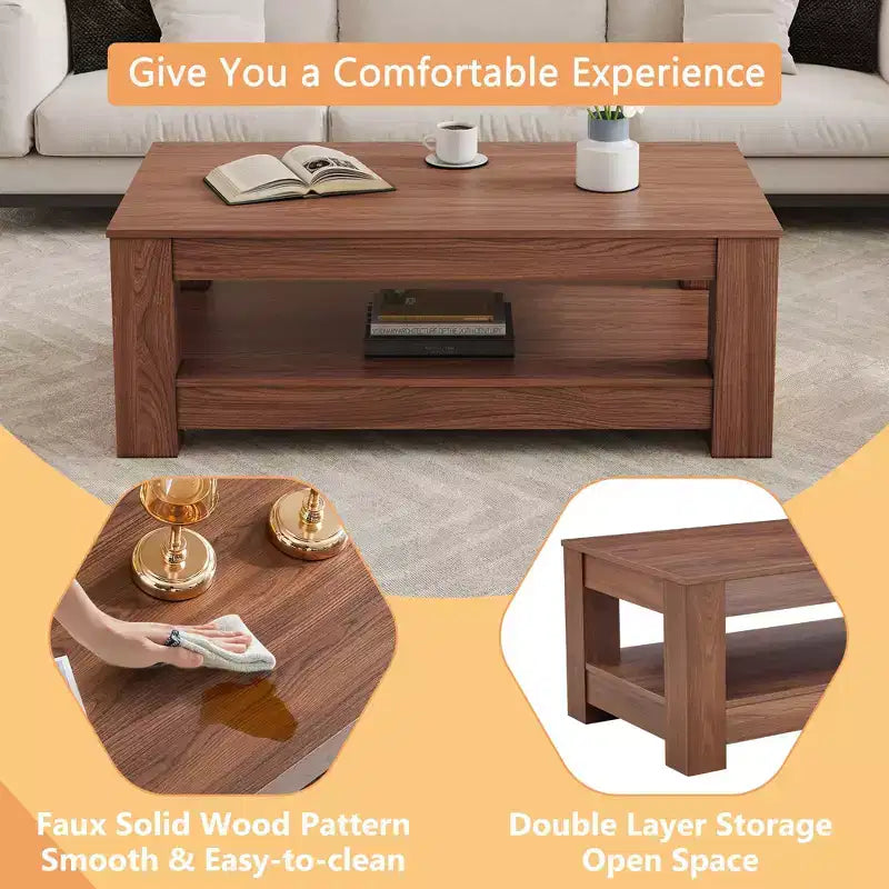 Mesa de centro rectangular moderna de madera, estilo industrial de 2 niveles, nogal