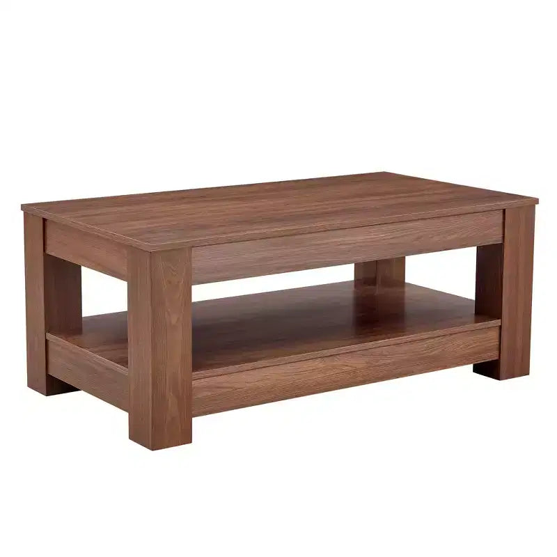 Mesa de centro rectangular moderna de madera, estilo industrial de 2 niveles, nogal